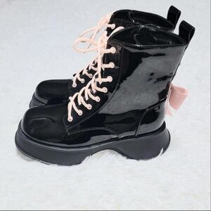 Black Faux Patent Leather Platform Boots With Pink Details Women's US 7.5 ✨️